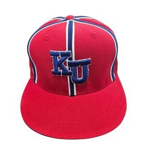 Vintage Kansas University Jayhawks Fitted Hat Cap 90s KU Red Flat Bill Retro